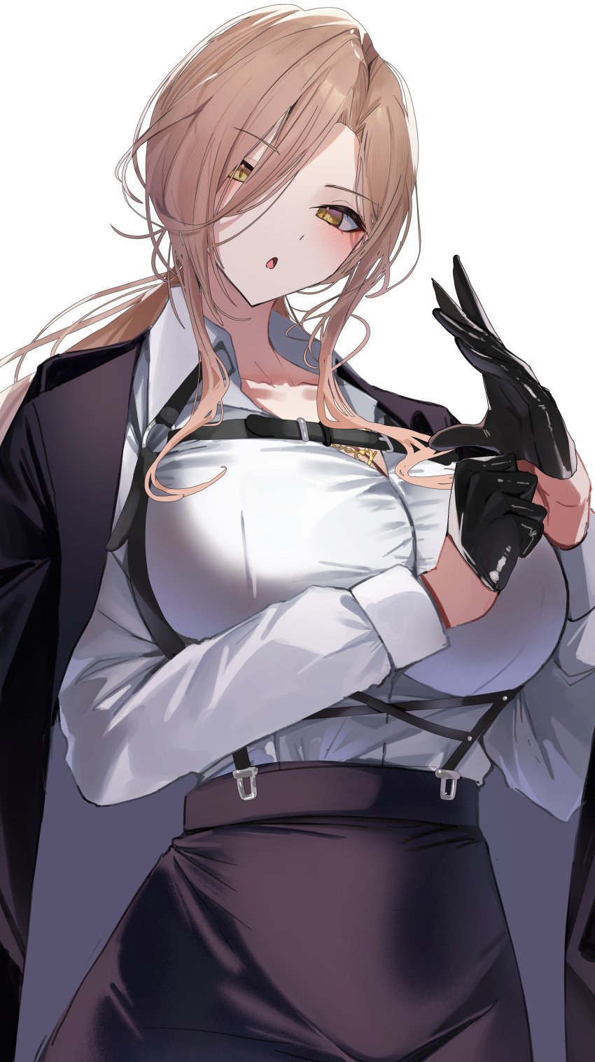 1girl :o absurdres adjusting_clothes adjusting_gloves black_gloves black_jacket black_skirt breasts chest_belt chest_harness collared_shirt dress_shirt gloves gold_necklace hair_between_eyes harness highres huge_breasts jacket jacket_on_shoulders jewelry light_brown_hair long_hair long_sleeves looking_at_viewer low_ponytail miniskirt necklace nijisanji nui_sociere nui_sociere_(9th_costume) pencil_skirt shiro_marimo shirt simple_background skirt solo virtual_youtuber white_background white_shirt yellow_eyes