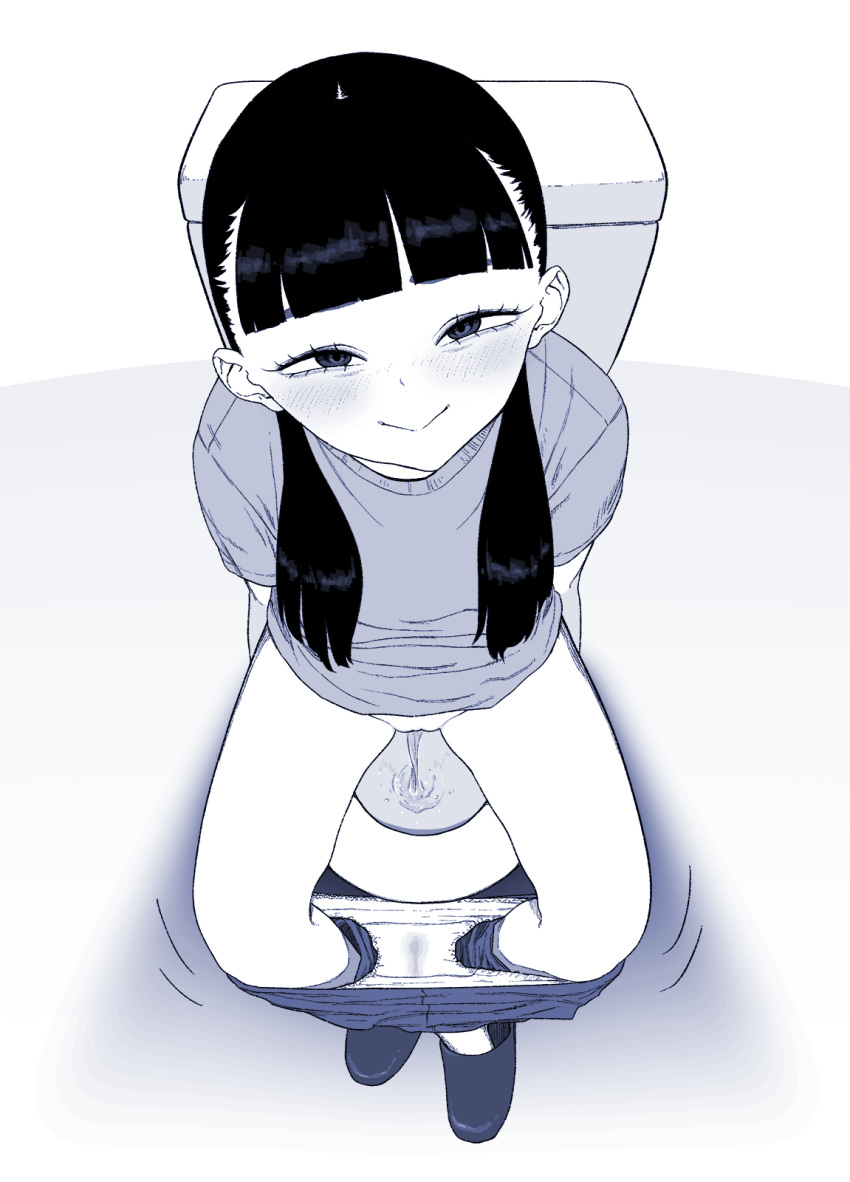 1girl blunt_bangs blush eyelashes from_above greyscale hair_over_shoulder highres looking_at_viewer monochrome original panties panty_pull pee peeing shirt shoes short_sleeves simple_background sitting smile solo spread_legs stained_panties tocky toilet toilet_use underwear