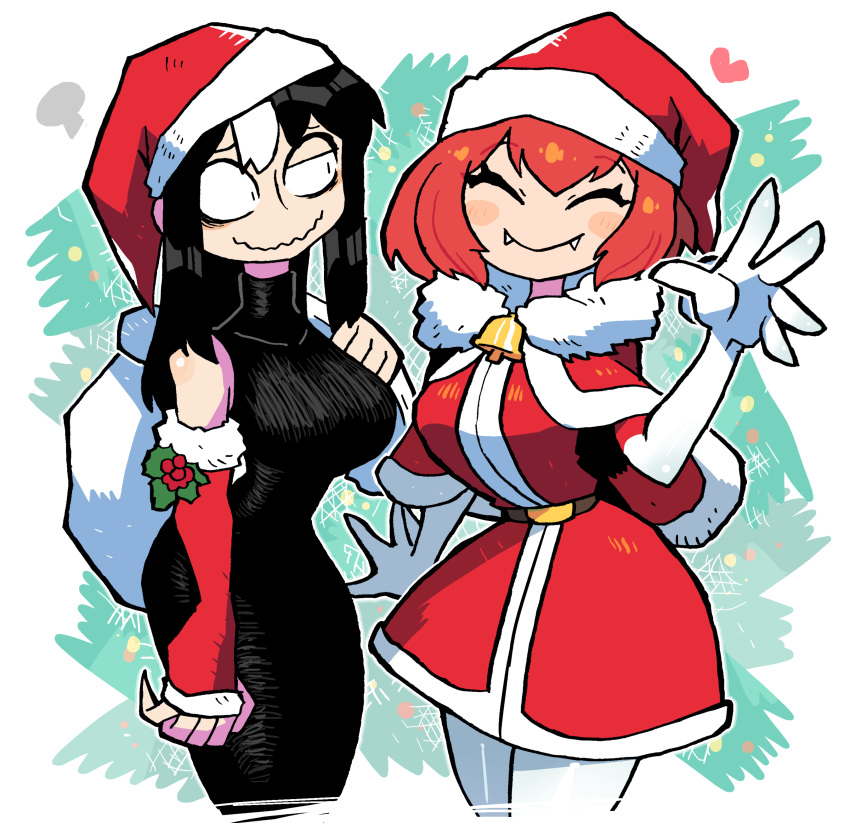 2girls absurdres bell black_dress breasts carla_carmilla_(rariatto) christmas closed_eyes cocked_eyebrow cropped_legs detached_sleeves dress fangs gloves hat heart highres long_fingers long_hair multiple_girls neck_bell noss_(rariatto) open_hands original outside_border pantyhose rariatto_(ganguri) red_hair red_sleeves ribbed_dress sack santa_dress santa_hat vampire wavy_mouth white_bag white_gloves white_pantyhose