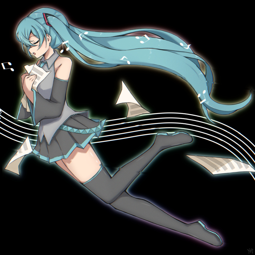 1girl black_background blue_hair boots closed_eyes collared_shirt detached_sleeves from_side full_body hair_ornament hatsune_miku highres holding holding_paper long_hair long_sleeves musical_note open_mouth paper pleated_skirt profile rageno0000 shirt skirt solo thigh_boots twintails very_long_hair vocaloid