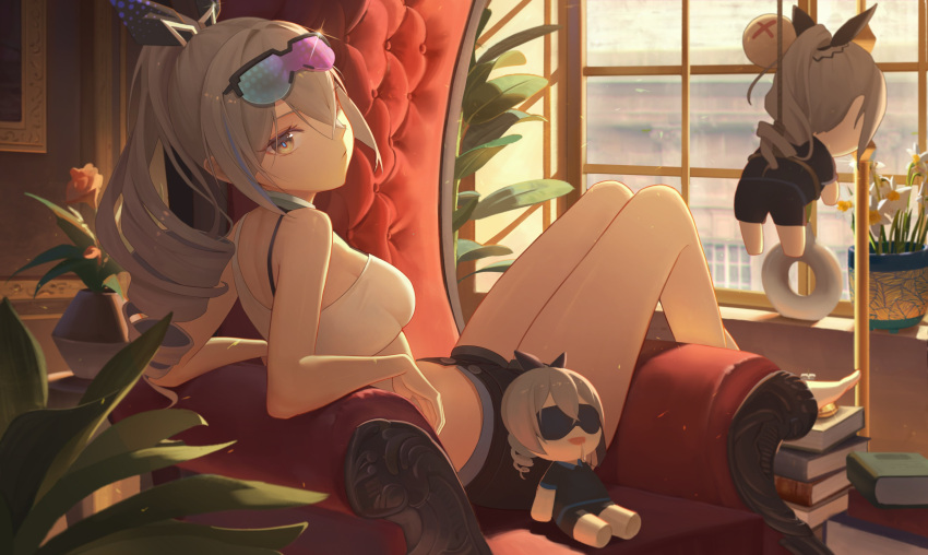 1girl absurdres bare_shoulders black_shorts book book_stack bra_strap breasts character_doll commentary crop_top drill_hair eyewear_on_head grey_hair highres indoors medium_breasts midriff ponytail shengkai167 shirt short_shorts shorts single-shoulder_shirt solo sunglasses thighs white_shirt window