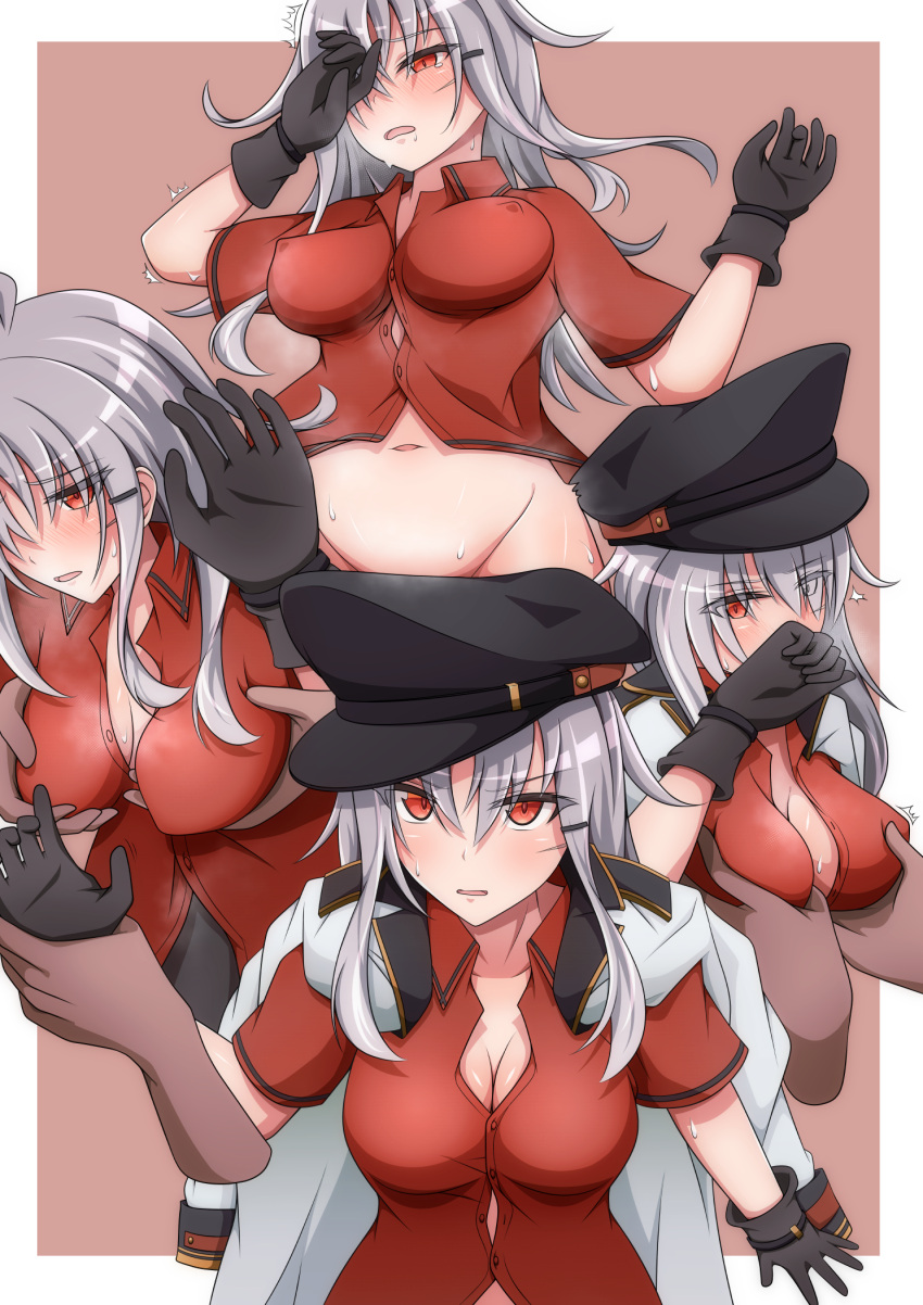 1girl bell_shireikan black_gloves border breasts brown_background collared_shirt gangut_(kancolle) gloves grey_hair hair_between_eyes hat highres implied_sex kantai_collection large_breasts long_hair long_sleeves multiple_views peaked_cap red_eyes red_shirt scar scar_on_cheek scar_on_face shirt simple_background white_border