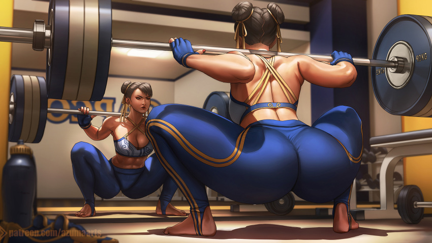 1girl abs ass azuma_yasuo barbell black_hair breasts capcom chun-li double_bun dumbbell exercising fingerless_gloves gloves gym hair_bun hair_ribbon highres looking_at_mirror mirror muscular muscular_female pants reflection ribbon solo squatting street_fighter strong thermos unworn_footwear weightlifting weights workout_clothes yellow_ribbon yoga_pants