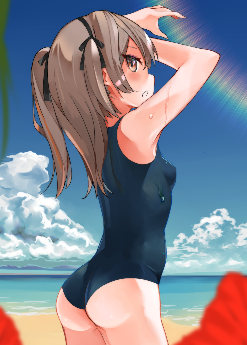 1girl absurdres arms_up ass beach black_ribbon blue_one-piece_swimsuit blue_sky blurry blurry_foreground brown_eyes cloud cloudy_sky cowboy_shot day depth_of_field facing_viewer girls_und_panzer hair_ribbon highres horizon light_brown_hair long_hair looking_at_viewer looking_back monomono ocean one-piece_swimsuit one_side_up open_mouth outdoors ribbon school_swimsuit shimada_arisu sky solo standing swimsuit wet