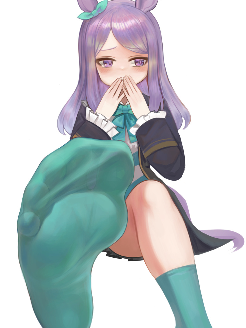 1girl animal_ears aqua_socks black_dress bloomers blush bow closed_mouth commentary_request dokomon dress ear_bow embarrassed feet foot_focus foot_out_of_frame frilled_dress frills full_body highres horse_ears horse_girl horse_tail kneehighs long_hair long_sleeves looking_at_viewer lying mejiro_mcqueen_(umamusume) midriff_peek no_shoes on_back on_bed parted_lips purple_eyes purple_hair skirt skirt_flip socks solo tail thighs umamusume white_bloomers
