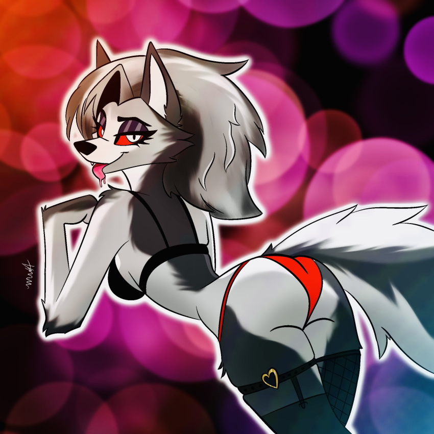 anthro bra butt butt_shot canid canid_demon canine clothing demon female fur garter_straps grey_body grey_fur grey_hair hair hellhound helluva_boss heluvabadartist hi_res legwear looking_at_viewer looking_back looking_back_at_viewer loona_(helluva_boss) mammal multicolored_body multicolored_fur multicolored_hair mythological_canine mythological_creature mythology panties solo thigh_highs tongue tongue_out underwear white_body white_fur white_hair