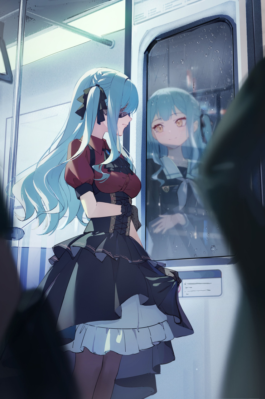 1girl absurdres ascot bang_dream! bang_dream!_it's_mygo!!!!! bilibilida black_ascot black_corset black_gloves black_mask black_pantyhose black_ribbon black_skirt blue_brooch blue_hair blue_shirt blurry breasts collarbone collared_shirt commentary corset crying depth_of_field different_reflection dress_shirt gloves grey_neckerchief hair_ribbon highres long_hair long_sleeves mask masquerade_mask medium_breasts neckerchief pantyhose parted_lips people red_shirt reflection ribbon school_uniform serafuku shirt sidelocks skirt solo_focus togawa_sakiko train_interior tsukinomori_school_uniform two_side_up white_shirt yellow_eyes