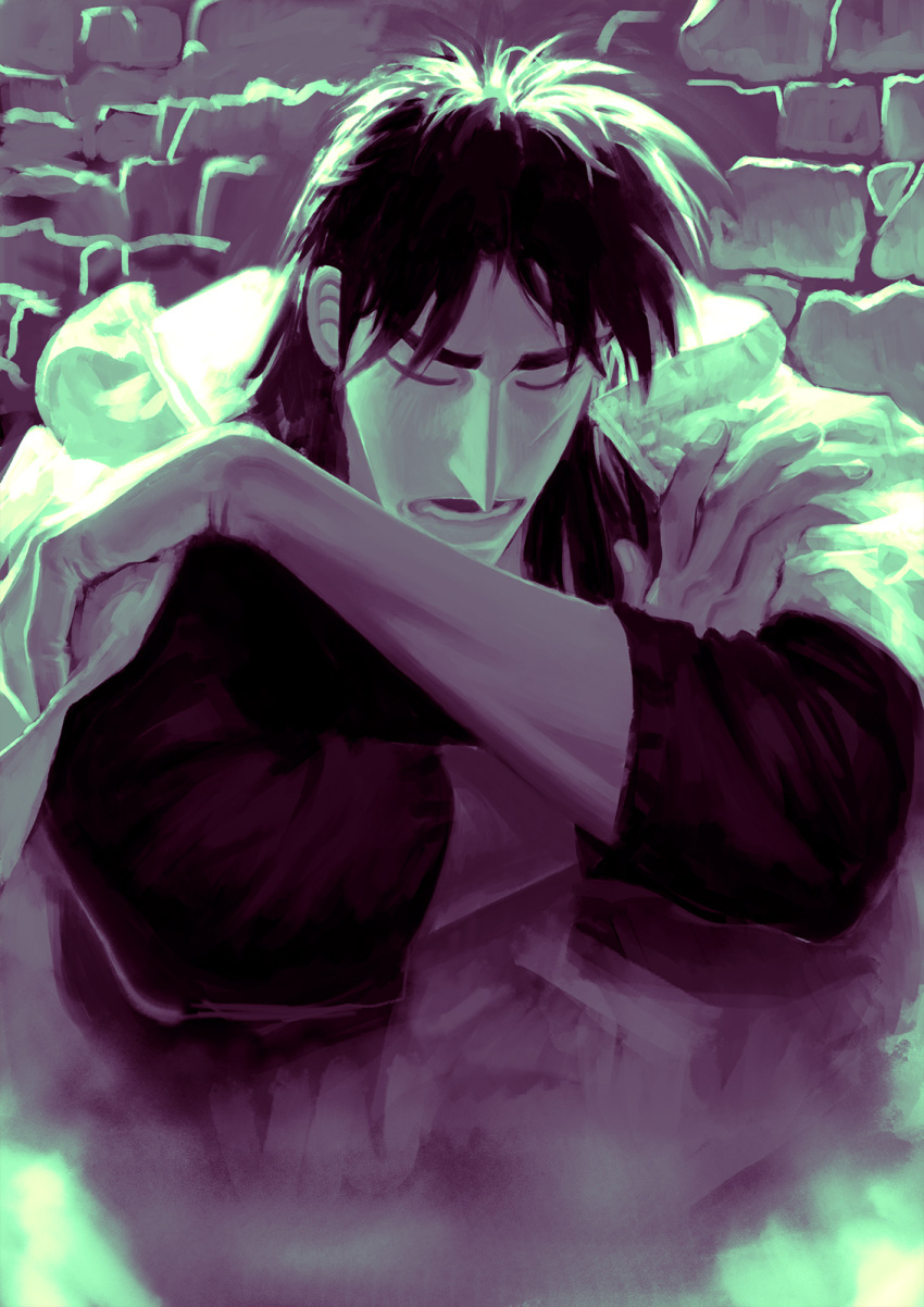 1boy bangs big_nose black_hair blanket closed_eyes green_theme highres itou_kaiji kaiji long_hair male_focus open_mouth scar scar_on_face shiny_hair shishinnonoii short_sleeves solo teeth upper_body