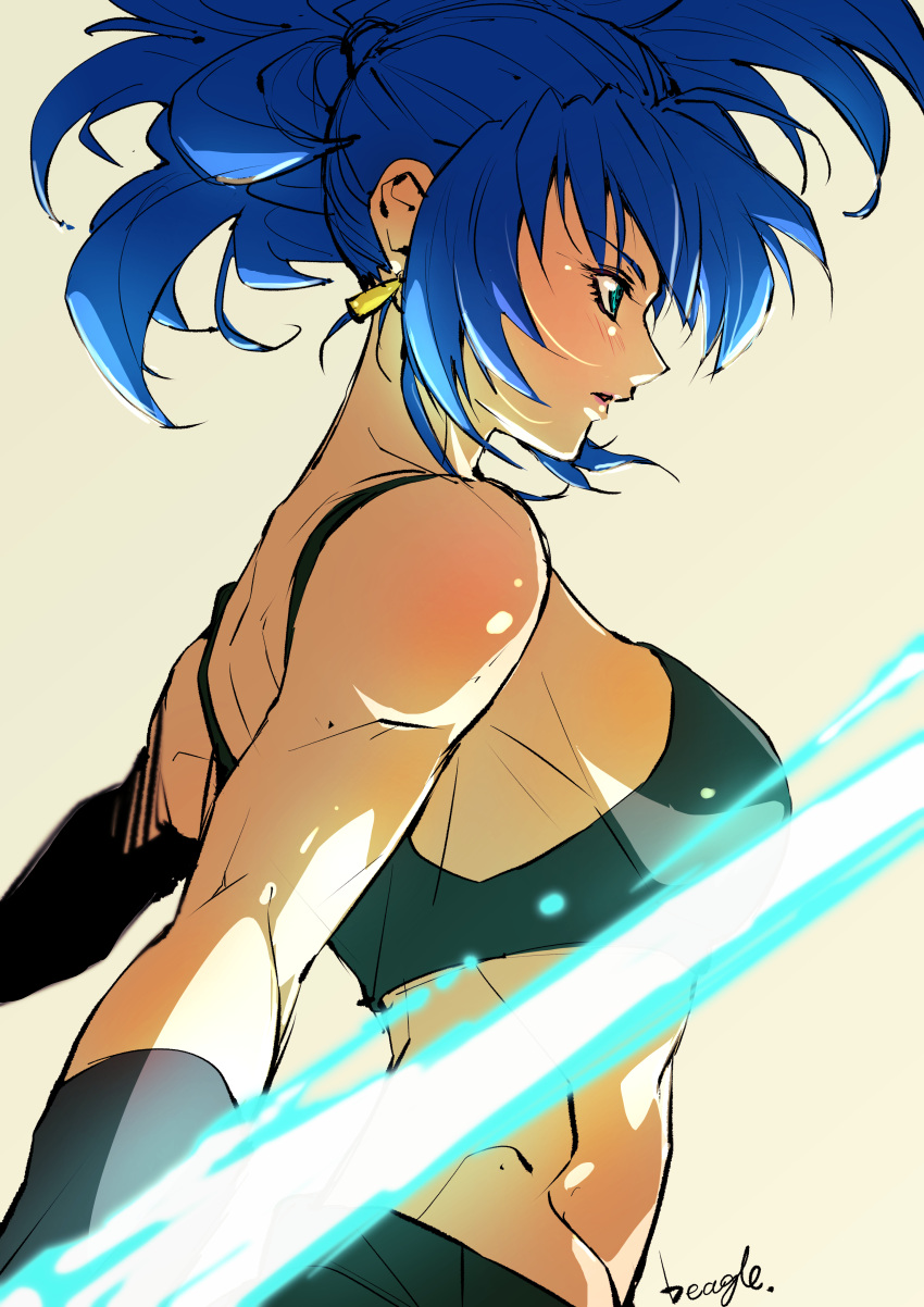 1girl absurdres artist_name bangs bare_shoulders blue_eyes blue_hair breasts earrings elbow_gloves energy from_side gloves high_ponytail highres jewelry large_breasts leona_heidern midriff muscular muscular_female sideboob sidelocks solo strikebeagle tank_top the_king_of_fighters