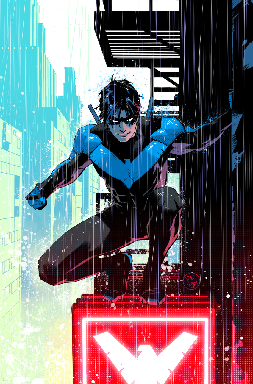 1boy batman_(series) black_bodysuit black_hair blue_bodysuit bodysuit city cityscape clenched_hands closed_mouth commentary dan_mora dc_comics dick_grayson domino_mask english_commentary facing_viewer highres male_focus mask muscular muscular_male nightwing outdoors rain short_hair solo squatting two-tone_bodysuit very_short_hair weapon weapon_on_back white_eyes