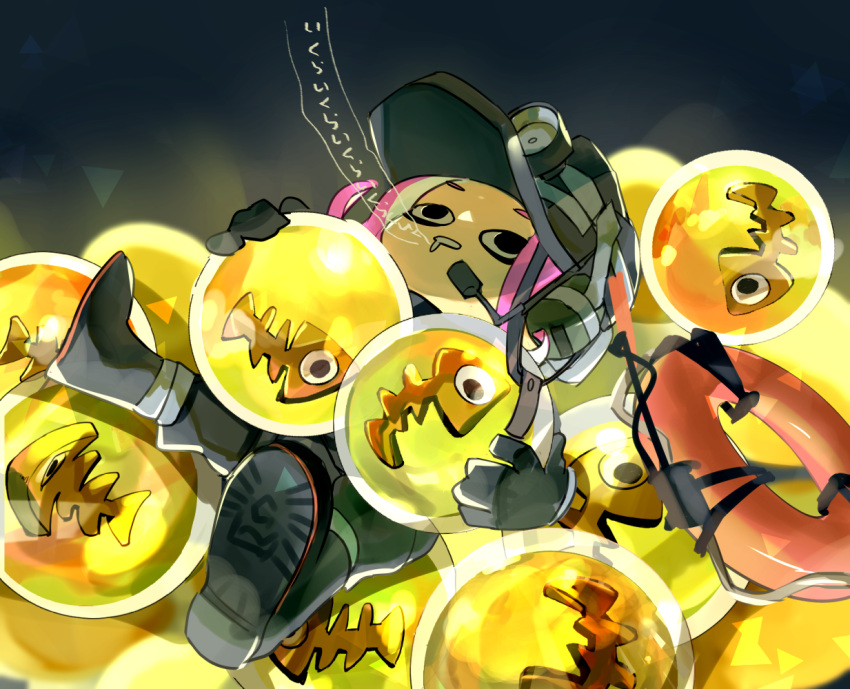 1girl black_eyes black_footwear black_gloves black_helmet black_jumpsuit boots drooling duct_tape egg gloves headset jumpsuit koike3582 lifebuoy mining_helmet octoling octoling_girl octoling_player_character pink_hair rubber_boots rubber_gloves salmon_run_(splatoon) short_hair solo splatoon_(series) swim_ring tentacle_hair too_many