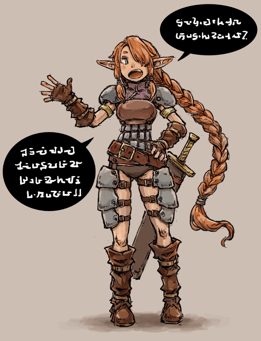 1girl absurdres armlet armor boots braid breastplate brown_footwear fingerless_gloves gloves green_eyes hair_over_one_eye hand_on_own_hip highres knee_boots long_hair momochichi77 open_mouth original pointy_ears red_hair shoulder_pads sidelocks solo speech_bubble sword thigh_armor weapon