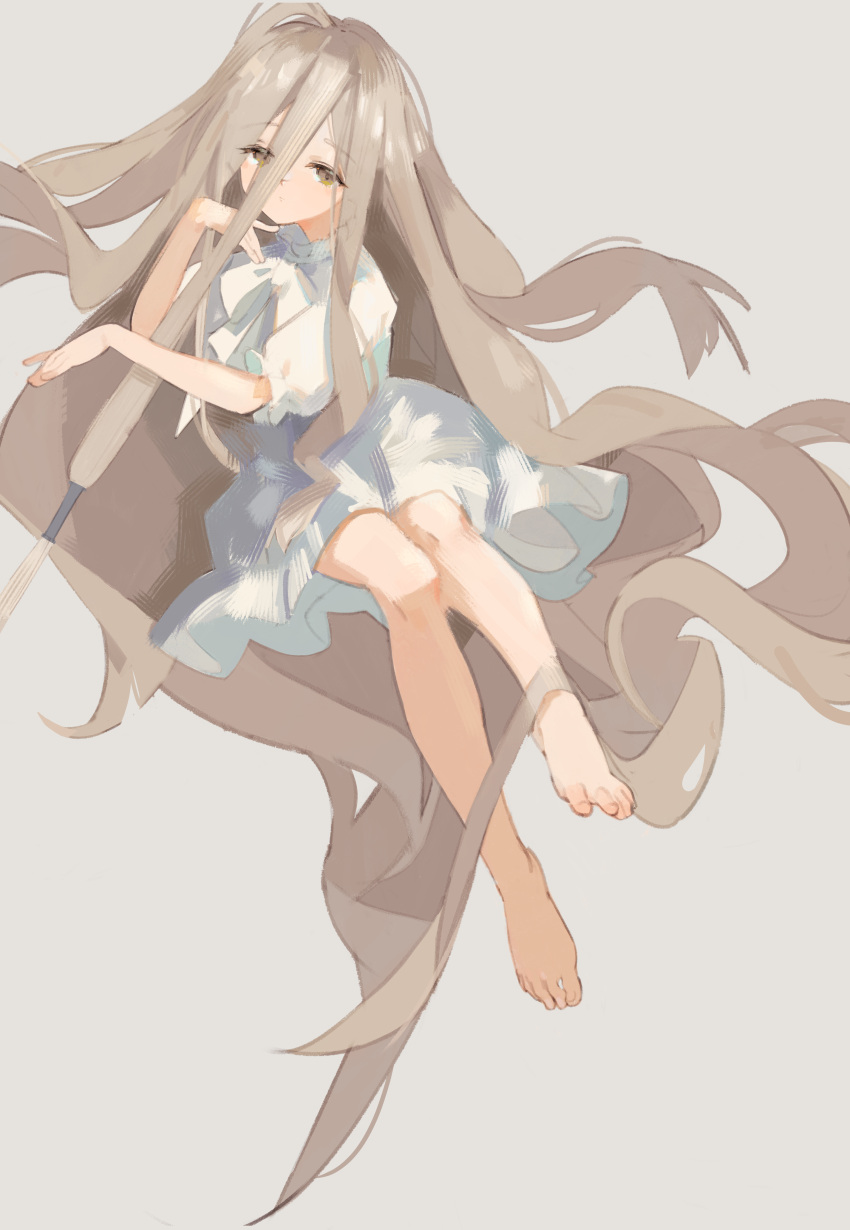 1girl absurdly_long_hair absurdres bare_legs barefoot blonde_hair dorsiflexion dress english_commentary expressionless feet frilled_sleeves frills full_body grey_background hair_between_eyes highres legs long_hair looking_at_viewer nutchair puffy_short_sleeves puffy_sleeves sense_(sousou_no_frieren) short_sleeves simple_background solo sousou_no_frieren toes very_long_hair white_dress yellow_eyes