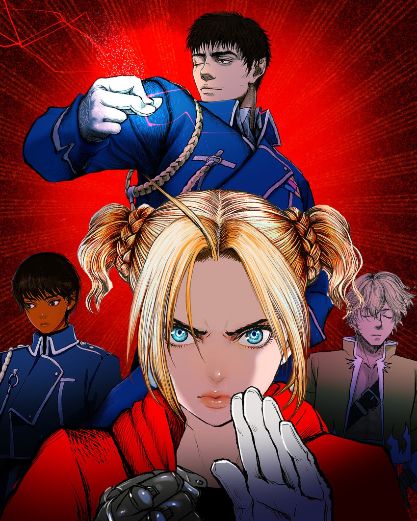 2boys 2girls aiguillette amestris_military_uniform arms_at_sides automail belt berserk black_hair blonde_hair blue_eyes blue_jacket blue_pants braid casca_(berserk) closed_mouth cosplay dark-skinned_female dark_skin edward_elric edward_elric_(cosplay) electricity emphasis_lines farnese_(berserk) fighting_stance frown fullmetal_alchemist gloves grey_hair guts_(berserk) hand_in_pocket hands_up highres jacket ling_yao ling_yao_(cosplay) lips long_sleeves looking_at_viewer mechanical_hands military_uniform multiple_boys multiple_girls nisino2222 pants red_background red_jacket riza_hawkeye riza_hawkeye_(cosplay) roy_mustang roy_mustang_(cosplay) scar scar_on_face scar_on_nose serpico_(berserk) short_hair sideways_glance sigh simple_background single_mechanical_hand spiked_hair twintails uniform white_gloves white_pants yellow_jacket