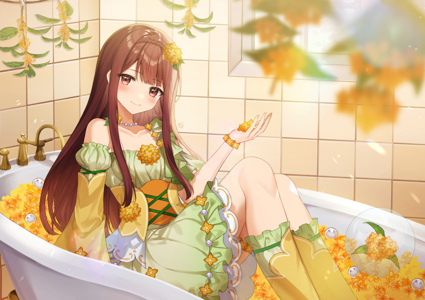 1girl bathtub blurry blurry_foreground blush boots braid brown_eyes brown_hair corset crown_braid detached_sleeves dress flower flower_bracelet gazelle-barn hair_flower hair_ornament highres holding holding_flower idolmaster idolmaster_million_live! idolmaster_million_live!_theater_days indoors jewelry long_sleeves looking_at_viewer necklace pearl_necklace sitting smile solo sunlight tanaka_kotoha