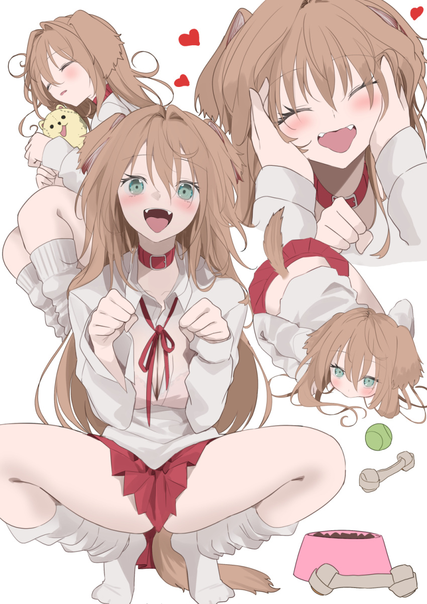 1girl 1other ^_^ all_fours animal_collar animal_ears ball blush bowl breasts brown_hair cleavage closed_eyes collar disembodied_limb dog_chew dog_ears dog_girl dog_tail fangs hands_on_another's_cheeks hands_on_another's_face heart highres kemonomimi_mode long_hair looking_at_viewer loose_neck_ribbon loose_socks miniskirt multiple_views neck_ribbon original paw_pose pet_bowl red_skirt ribbon school_uniform shirt skirt sleeping smile socks spread_legs squatting stuffed_animal stuffed_toy tail tennis_ball tongue tongue_out very_long_hair white_shirt white_socks yongen_yu