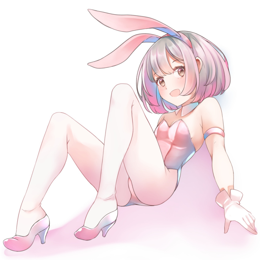 1girl :d animal_ears bangs bare_shoulders breasts brown_eyes cleavage comah dutch_angle full_body gloves grey_hair hairband high_heels knees_up leotard looking_at_viewer lying on_back original pantyhose pink_footwear pink_hairband pink_leotard rabbit_ears shoes small_breasts smile solo white_background white_gloves white_pantyhose