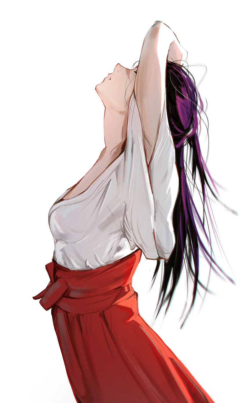 1girl absurdres arms_on_head arms_up bchung black_hair closed_mouth facing_up hakama hakama_skirt highres iori_utahime japanese_clothes jujutsu_kaisen kimono long_hair multicolored_hair purple_hair red_hakama scar scar_on_face scar_on_nose simple_background skirt solo white_background white_kimono wide_sleeves