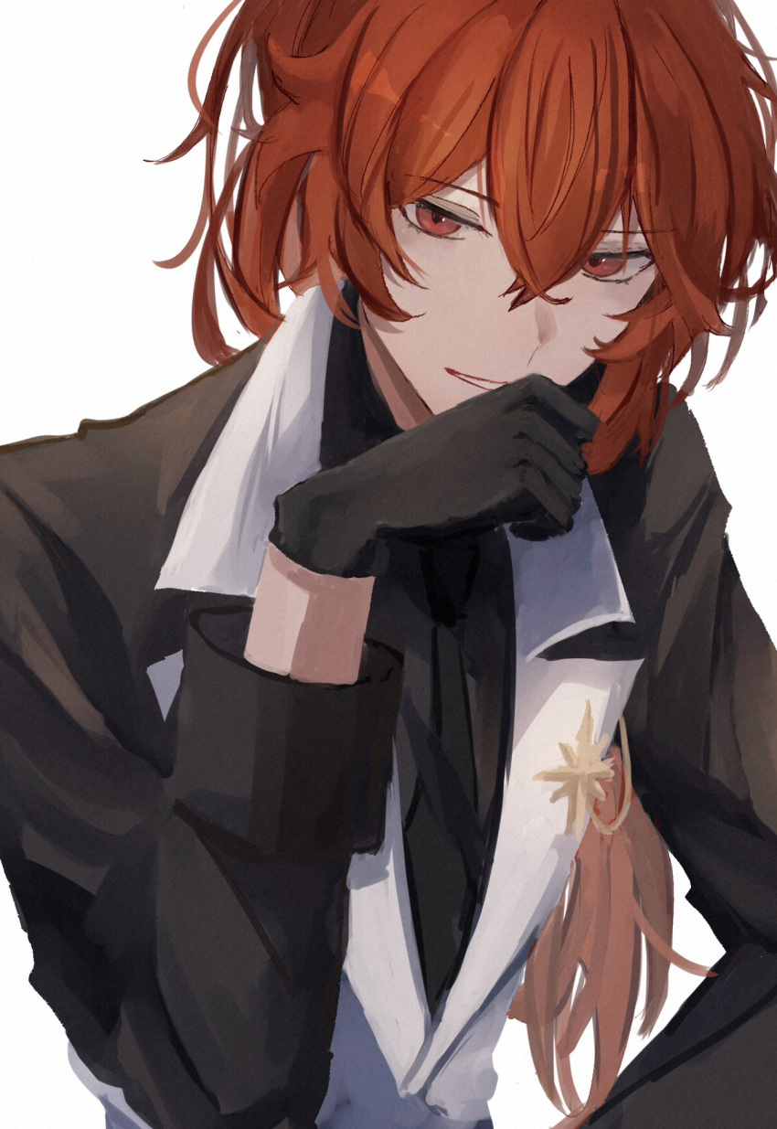 1boy 403pa bangs black_gloves black_jacket closed_mouth collared_jacket crossed_bangs diluc_(genshin_impact) genshin_impact gloves hair_between_eyes half-closed_eyes hand_up highres jacket long_hair long_sleeves looking_at_viewer male_focus open_clothes open_vest ponytail red_eyes red_hair sidelocks simple_background sitting smile smug solo star_(symbol) star_pin teeth vest white_background white_vest wing_collar