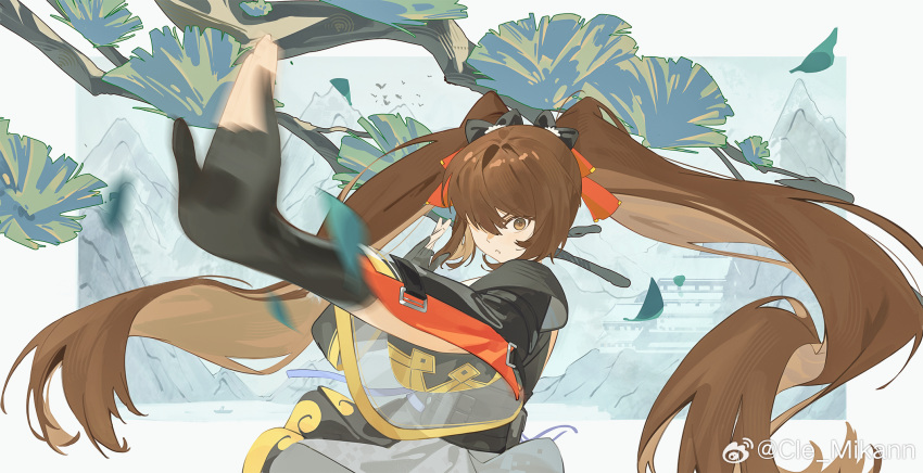 1girl black_bow black_gloves bow brown_eyes brown_hair chinese_clothes chinese_commentary cle_mikann commentary_request falling_leaves girls'_frontline girls'_frontline_2:_exilium gloves hair_bow hair_ribbon highres inset_border leaf long_hair looking_at_viewer motion_blur mountain parted_lips partially_fingerless_gloves red_ribbon ribbon solo twintails type_97_(girls'_frontline) upper_body weibo_username