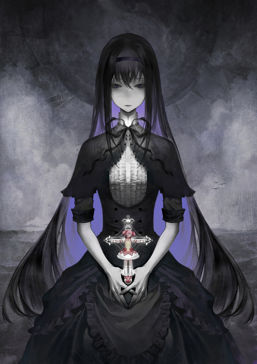 2girls absurdres akemi_homura black_capelet black_dress black_hair black_hairband bow bubble_skirt capelet chinese_commentary choker closed_eyes collared_capelet colored_inner_hair colored_skin commentary_request cowboy_shot crucifixion dress dress_bow expressionless frilled_dress frills gloves gown grey_skin hairband highres homulilly kaname_madoka kiri879147 kneehighs long_hair looking_down mahou_shoujo_madoka_magica mahou_shoujo_madoka_magica:_hangyaku_no_monogatari mini_person minigirl multicolored_hair multiple_girls neck_ribbon outstretched_arms pink_dress pink_hair puffy_short_sleeves puffy_sleeves purple_eyes red_choker red_footwear ribbon shoes short_hair short_sleeves short_twintails simple_bird size_difference skirt socks spread_arms symmetry twintails white_gloves white_skirt white_socks