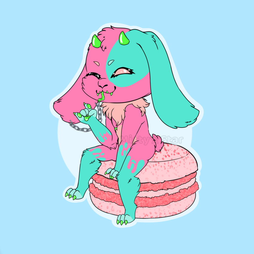 andromorph anthro chain chibi claws colored_nails colorful_background cookie demon dessert digital_drawing_(artwork) digital_media_(artwork) ear_piercing ear_ring floppy_ears food fur green_body green_fur hair hi_res horn intersex lagomorph leporid long_ears long_tongue macaron_(food) mammal mastectomy_scar mistystar nails no_irises piercing pink_body pink_fur pink_hair rabbit ring_piercing scar simple_background small_horn smile solo solo_focus tail teeth tongue tongue_out tuft visibly_trans