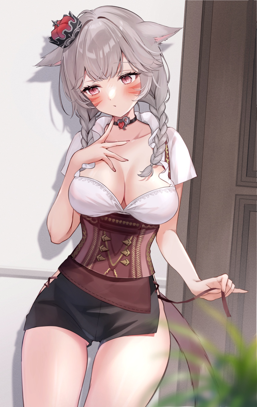 1girl animal_ears black_choker blush braid breasts brown_corset cat_ears cat_girl cat_tail choker cleavage corset crown elezen elf facial_mark final_fantasy final_fantasy_xiv grey_hair hair_ornament highres hyur indoors large_breasts long_hair looking_at_viewer miqo'te pointy_ears red_eyes shirt side_slit solo suzumori_(su2525) tail warrior_of_light_(ff14) white_shirt yellow_tail