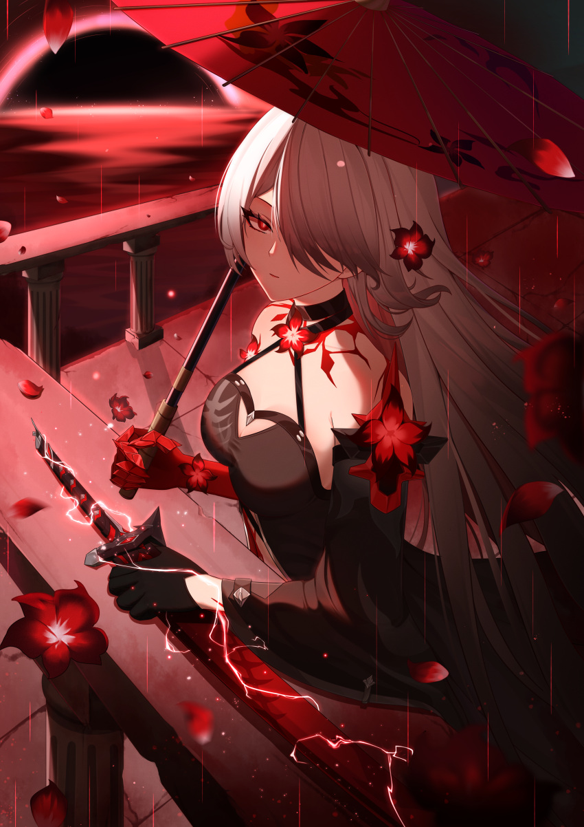 1girl absurdres acheron_(honkai:_star_rail) alternate_form armor breasts cleavage electricity flower gloves glowing glowing_weapon hair_over_one_eye hh_long highres holding holding_sword holding_weapon honkai:_star_rail honkai_(series) katana long_hair looking_at_viewer rain red_flower red_umbrella shoulder_armor single_bare_shoulder single_glove single_sleeve solo sword umbrella very_long_hair weapon white_hair
