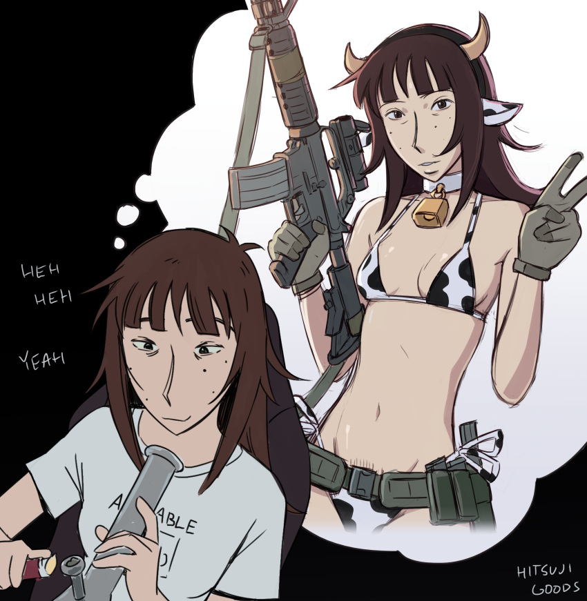 1girl absurdres animal_ears animal_print artist_name assault_rifle bell belt bikini black_eyes bong breasts brown_hair collar commentary_request cow_ears cow_horns cow_print cow_print_bikini cowbell eyebrows_hidden_by_hair freckles gloves grey_gloves gun highres hitsuji_(hitsujigoods) holding holding_gun holding_lighter holding_weapon horns imagining kara_eklund lighter m4_carbine navel original print_bikini pubic_hair pubic_hair_peek rifle side-tie_bikini_bottom signature small_breasts smile swimsuit v weapon white_collar