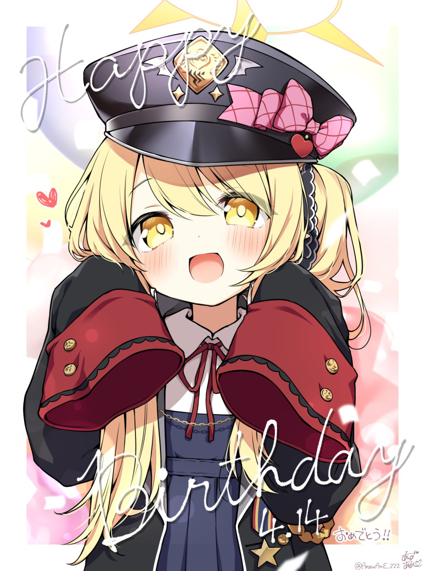 1girl :d anzu_ame artist_name black_coat black_hat black_ribbon blonde_hair blue_archive blue_dress blush border bow chain coat collared_shirt commentary_request dated dress hair_between_eyes hair_ribbon halo happy_birthday hat hat_bow hat_ornament heart heart_hat_ornament highres ibuki_(blue_archive) long_hair long_sleeves looking_at_viewer neck_ribbon open_clothes open_coat open_mouth outside_border peaked_cap pink_bow ponytail red_ribbon ribbon shirt side_ponytail sidelocks signature sleeves_past_fingers sleeves_past_wrists smile solo star_(symbol) translation_request twitter_username upper_body very_long_sleeves white_border white_shirt wing_collar yellow_eyes