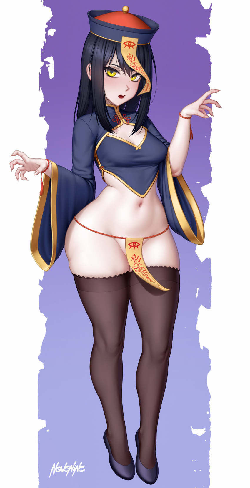 1girl absurdres black_footwear black_hair black_thighhighs breasts crop_top fingernails full_body hands_up hat highres jiangshi long_fingernails long_hair long_sleeves looking_at_viewer medium_breasts navel ofuda ofuda_on_head open_mouth original qingdai_guanmao renkonv shoes solo standing thighhighs wide_sleeves yellow_eyes