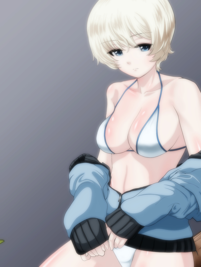 1girl bikini blue_eyes blue_jacket breasts closed_mouth clothes_pull commentary frown girls_und_panzer grey_background halterneck highres jacket jacket_pull long_sleeves looking_at_viewer medium_breasts no_pants pale_skin partially_unzipped short_hair sitting solo swimsuit white_bikini white_hair youko_(girls_und_panzer) yoyokkun