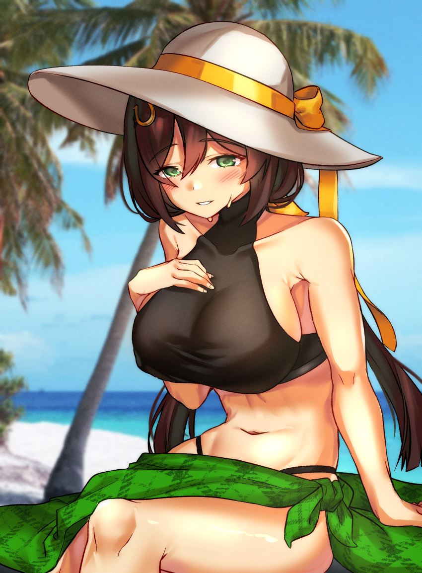 1girl absurdres alternate_costume bare_shoulders beach bikini black_bikini blurry blurry_background breasts brown_hair commentary_request green_eyes grin hand_on_own_chest hat hayakawa_tazuna highres large_breasts long_hair looking_at_viewer navel ocean outdoors sand sarong sitting smile solo sun_hat sweat swimsuit tomoru_(tomanvil_3) umamusume water white_hat