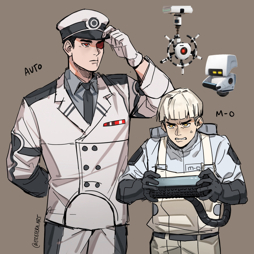 2boys absurdres anger_vein angry arm_behind_back auto_(wall-e) black_necktie bowl_cut character_name closed_mouth coat collared_shirt colored_eyepatch etceteraart eyepatch grey_background grey_shirt grimace highres m-o male_focus military_uniform multiple_boys necktie personification red_eyes reference_inset shirt uniform vacuum_cleaner wall-e white_coat yellow_eyes