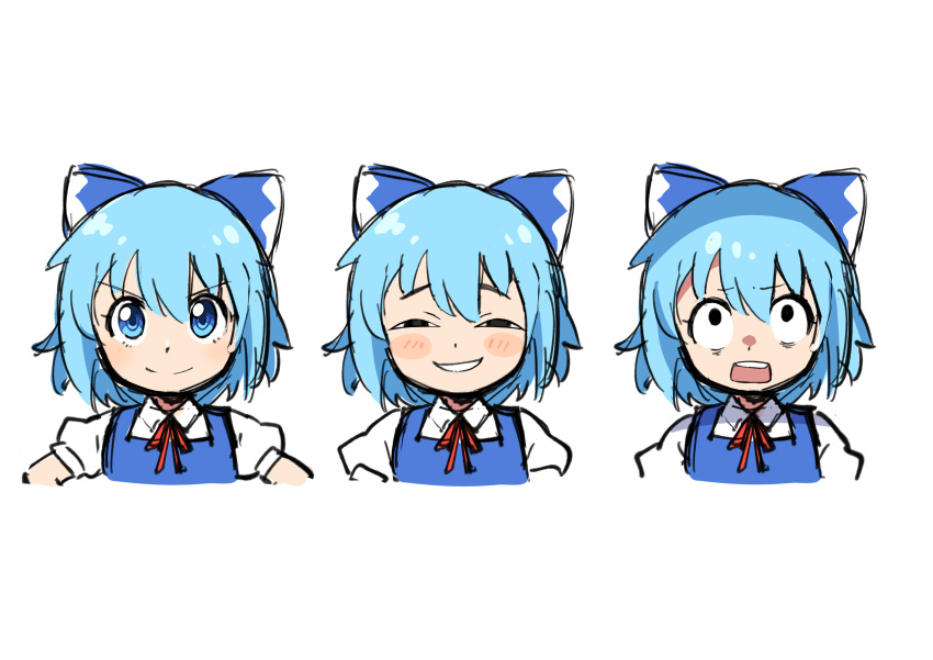 1girl absurdres anya's_heh_face_(meme) black_eyes blue_bow blue_dress blue_eyes blue_hair blush blush_stickers bow bowtie cirno closed_mouth collared_shirt dress expressions hair_between_eyes hands_on_own_hips highres looking_to_the_side looking_up meme miz_(mizillustration) multiple_views one-hour_drawing_challenge parody parororo puffy_short_sleeves puffy_sleeves red_bow red_bowtie shirt short_hair short_sleeves simple_background sketch smile smug spy_x_family surprised teeth the_memories_of_phantasm touhou upper_body v-shaped_eyebrows white_background