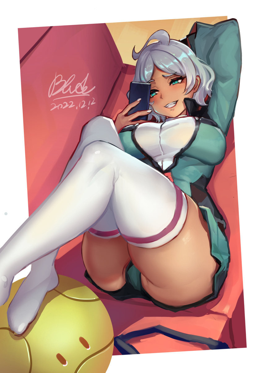 1girl absurdres arm_behind_head arm_up ass asticassia_school_uniform border breasts cellphone commentary_request couch dated foot_out_of_frame green_eyes green_jacket green_shorts grin gundam gundam_suisei_no_majo highres holding holding_phone jacket large_breasts legs_up looking_at_phone lying no_shoes on_back phone qblade school_uniform secelia_dote short_hair short_shorts shorts signature smartphone smile solo teeth thick_thighs thighhighs thighs white_border white_hair white_thighhighs