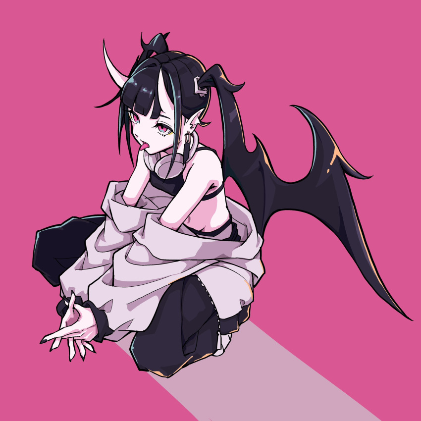 1girl bare_shoulders black_bra black_hair black_nails black_pants black_wings blonde_hair bra clothes_down demon_girl earrings eyeliner fingernails from_side full_body gaako_illust grey_hair grey_jacket groin hair_wings headphones headphones_around_neck highres horns jacket jewelry long_hair long_sleeves looking_ahead makeup multicolored_hair nail_polish navel ofuda_earrings open_mouth original own_hands_together pants pink_background pink_eyes pink_theme pointy_ears sharp_fingernails simple_background skin-covered_horns solo sports_bra squatting streaked_hair tongue tongue_out twintails underwear v_arms wings