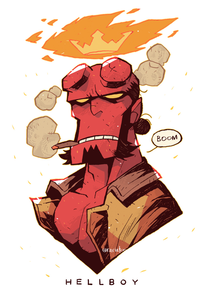 1boy absurdres brown_jacket cigar colored_skin crown demon english_text fire hellboy hellboy_(comic) highres horns jacket male_focus open_clothes open_jacket rariatto_(ganguri) red_skin shirt smoking speech_bubble torn_clothes torn_shirt twitter_username upper_body white_background yellow_eyes