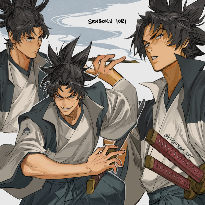 black_hair character_name etceteraart evil_grin evil_smile gamaran grey_eyes grin highres holding holding_smoking_pipe japanese_clothes katana kiseru male_focus multiple_views parted_lips senoku_iori short_hair smile smoke smoking_pipe sword twitter_username weapon