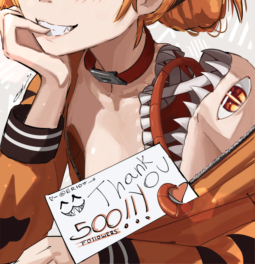 1girl absurdres collar eriott garfield garfield_(character) grin heart highres jacket milestone_celebration monster_girl orange_hair orange_jacket original red_collar sharp_teeth smile solo teeth thank_you zipper