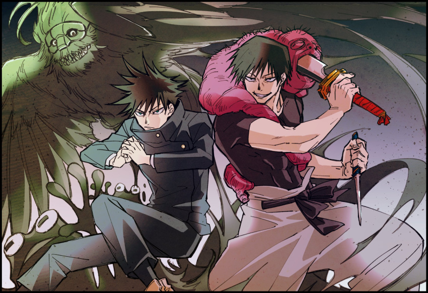 2boys abs belt bird black_hair black_jacket black_shirt fushiguro_megumi fushiguro_touji gradient_background highres holding holding_sword holding_weapon incoming_attack jacket jujutsu_kaisen jujutsu_tech_uniform multiple_boys own_hands_together shirt short_hair smile spiked_hair sword t-shirt weapon yugi_washiba