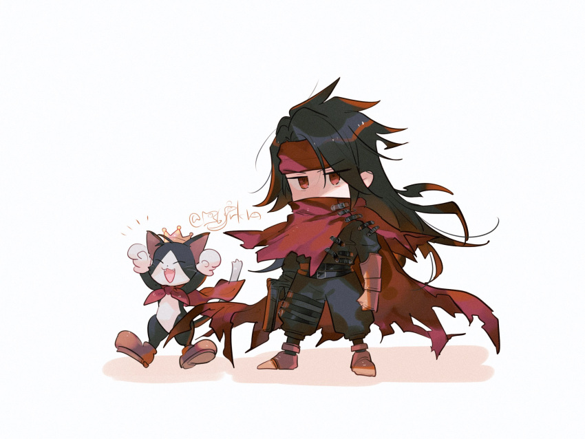 2boys black_fur black_hair boots brown_footwear cait_sith_(ff7) cape cat chibi clawed_gauntlets cloak crown final_fantasy final_fantasy_vii final_fantasy_vii_rebirth final_fantasy_vii_remake full_body gloves gun hanaon handgun hands_up headband highres holding holding_gun holding_weapon long_hair male_focus mini_crown multiple_boys open_mouth pointy_footwear red_cape red_cloak red_eyes red_headband smile torn_cloak torn_clothes twitter_username two-tone_fur vincent_valentine weapon white_background white_fur white_gloves