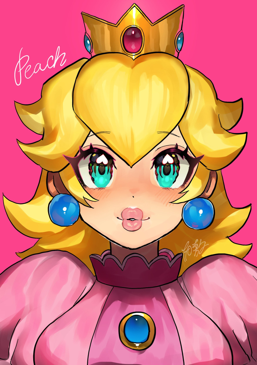 1girl absurdres aqua_eyes blonde_hair character_name commentary_request crown dancho_no_mori earrings eyelashes highres jewelry long_hair looking_at_viewer mario_(series) parted_lips pink_background pink_lips princess_peach simple_background solo sphere_earrings upper_body