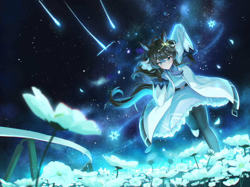 1girl animal_ears belt black_hair blue_eyes blush daring_tact_(umamusume) falling_star field flower flower_field gloves hair_ornament highres horse_ears horse_girl horse_tail jacket kashmir_0808 leg_up looking_at_viewer pantyhose racetrack revision running solo star_(symbol) star_hair_ornament tail umamusume