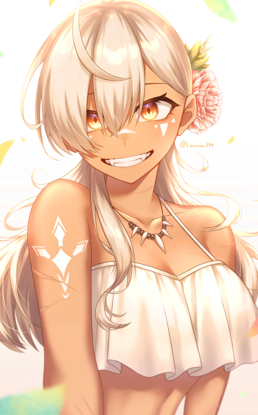 1girl ahoge arm_tattoo bikini bikini_top_only blonde_hair facial_mark fangs flower grin hair_flower hair_ornament highres jewelry looking_at_viewer luu3 necklace orange_eyes original smile solo swimsuit tan tattoo tooth_necklace upper_body