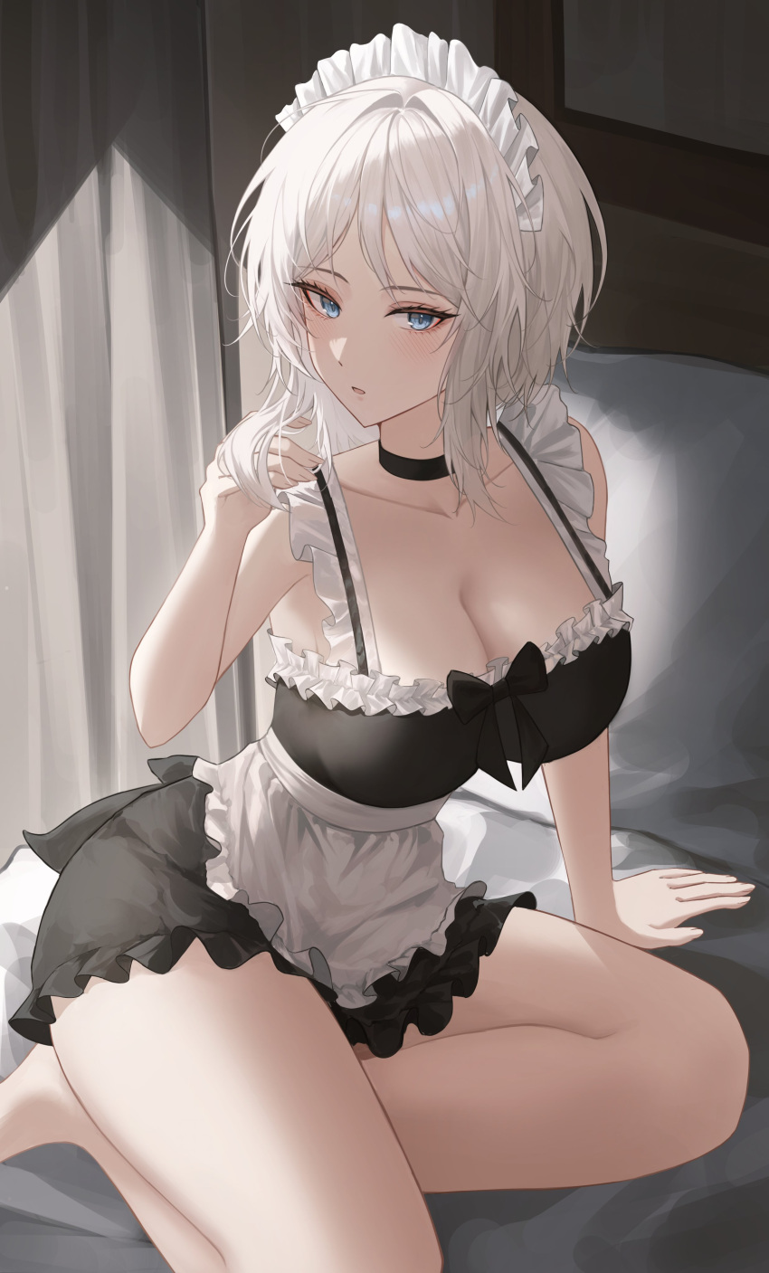 1girl absurdres alternate_costume apron blue_eyes breasts choker collarbone eonyan_(chaeyang) faust_(project_moon) frilled_apron frills grey_hair highres limbus_company maid maid_apron maid_headdress project_moon short_hair solo thighs white_apron white_hair