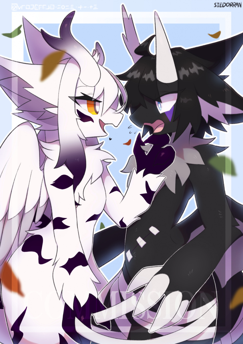 anthro bandage dragon duo eye_contact female fluffy hi_res leaf looking_at_another male male/female mythological_creature mythological_scalie mythology scalie siedorran wings