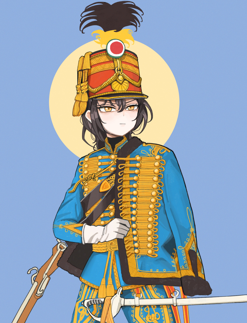 1girl absurdres aiguillette austro-hungarian_army black_hair blue_jacket embroidered_coat gloves gold_trim gulyas hat highres hussar jacket military_uniform original pelisse plume saber_(weapon) shako_cap short_hair solo standing sword uniform weapon white_gloves yellow_eyes