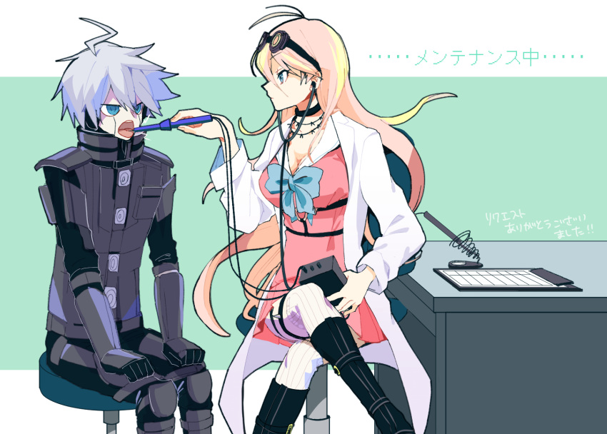 1boy 1girl android antenna_hair belt belt_buckle black-framed_eyewear black_belt black_choker black_footwear blonde_hair blue_bow blue_bowtie blue_eyes boots bow bowtie breasts buckle choker cleavage clenched_hands clipboard closed_mouth coattails collared_coat commentary_request controller crossed_legs danganronpa_(series) danganronpa_v3:_killing_harmony eyelashes feeding feet_out_of_frame fingernails goggles goggles_on_head green_background hair_between_eyes hands_on_own_legs highres holding holding_remote_control iruma_miu k1-b0 knee_boots lab_coat large_breasts light_frown long_hair long_sleeves looking_at_another multiple_belts nagichiro o-ring o-ring_belt object_request on_chair open_mouth orange-tinted_eyewear over-kneehighs paper pink_serafuku remote_control round_eyewear school_uniform serafuku shoe_belt short_hair simple_background sitting socks striped_clothes striped_socks teeth thigh_belt thigh_strap thighhighs tinted_eyewear tongue translation_request two-tone_background upper_teeth_only vertical-striped_clothes vertical-striped_socks very_long_hair wavy_hair white_background white_hair white_sleeves white_socks