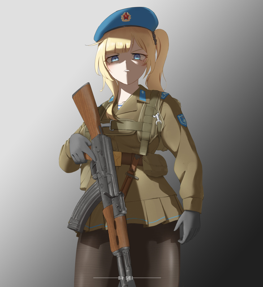 1girl absurdres beret black_gloves black_pantyhose blonde_hair blue_eyes blue_hat chest_rig disgust gloves gradien gun hammer_and_sickle hat highres kalashnikov_rifle military military_uniform original pantyhose red_star sci_(31134306) shaded_face shirt skirt solo soviet_army star_(symbol) striped_clothes striped_shirt telnyashka uniform vdv watermark weapon